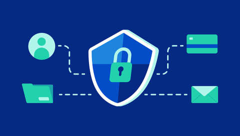 Shield with lock on it and four items leading to it in the form of: person, files, credit card, and email.