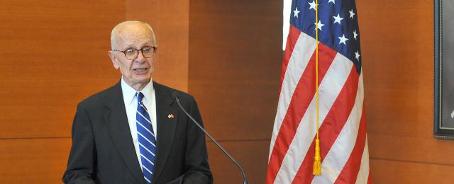 U.S. District Judge David Doty giving a speech during his birthday celebration.